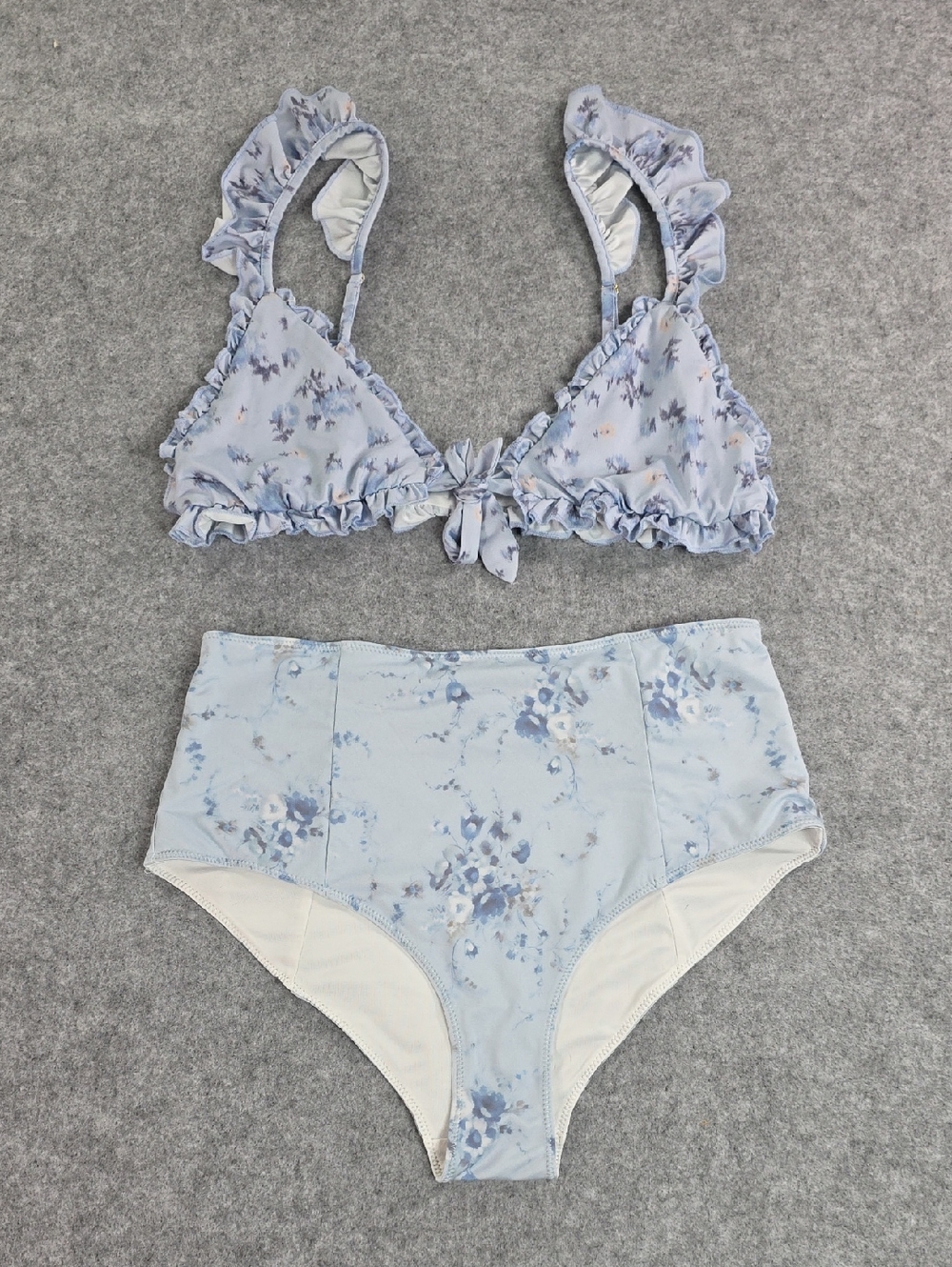LoveShackFancy Light Blue Floral Ruffle High-Waist Bikini Set M Bottom/ L Top